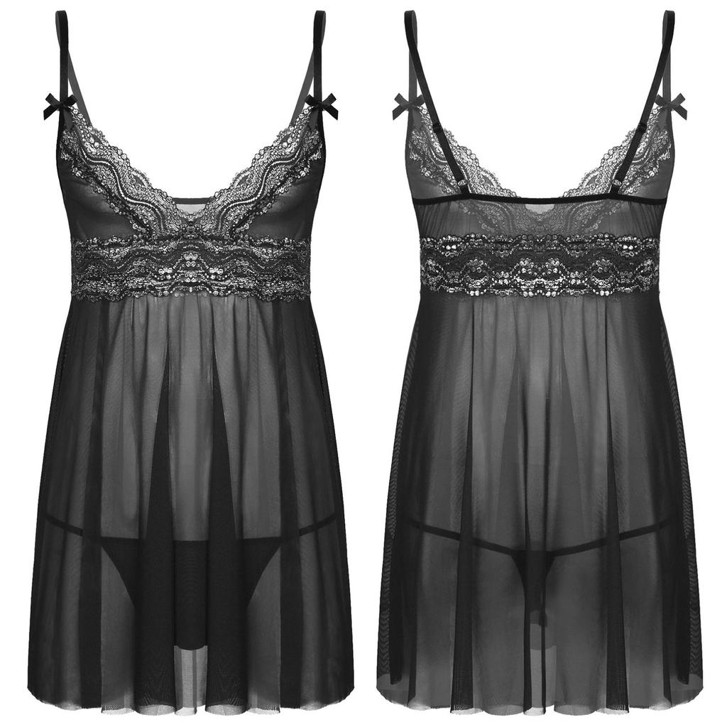Mens Sissy Lingerie Pajamas Outfits See Through Lace Mini Dress with Thong Teddy Chemise Babydoll