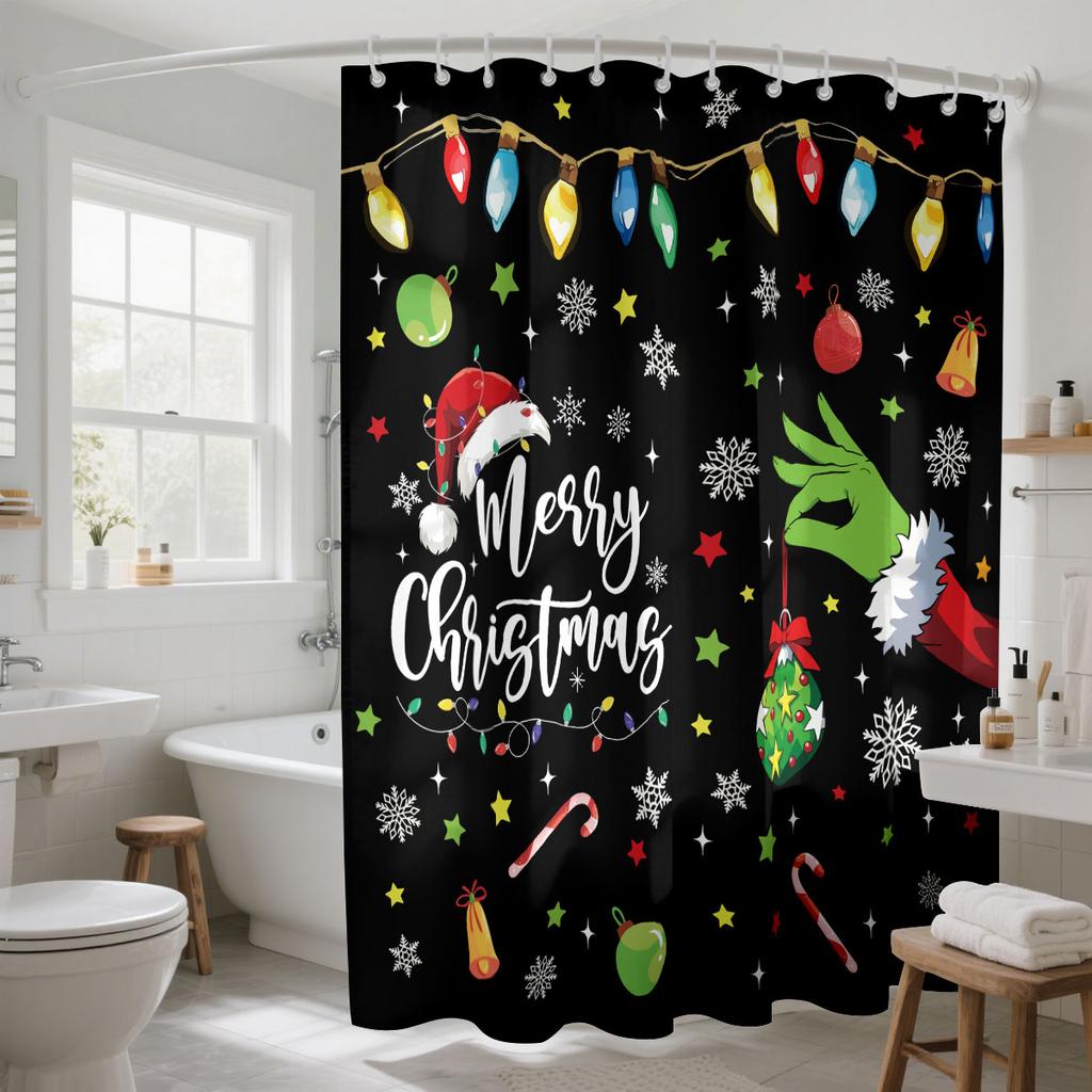 1pc Merry Christmas abstract element print waterproof shower curtain partition privacy hanging curtain 12 hooks multiple sizes