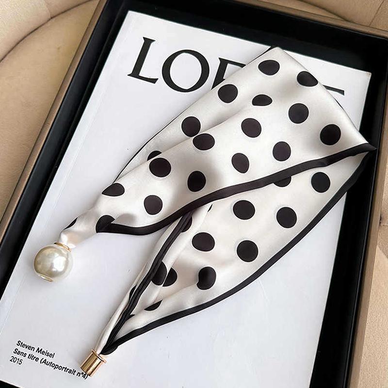 Elegant Satin Neck Scarf for Women with 2 in 1 Pearl Chain Necklace Buckle Lightweight Soft Shawl Gift for Party Office Wear