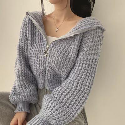 Autumn and Winter Versatile Hooded Zipper Knitted Cardigan Loose Lazy Fashion Temperament Solid Color Short Sweater Jacket