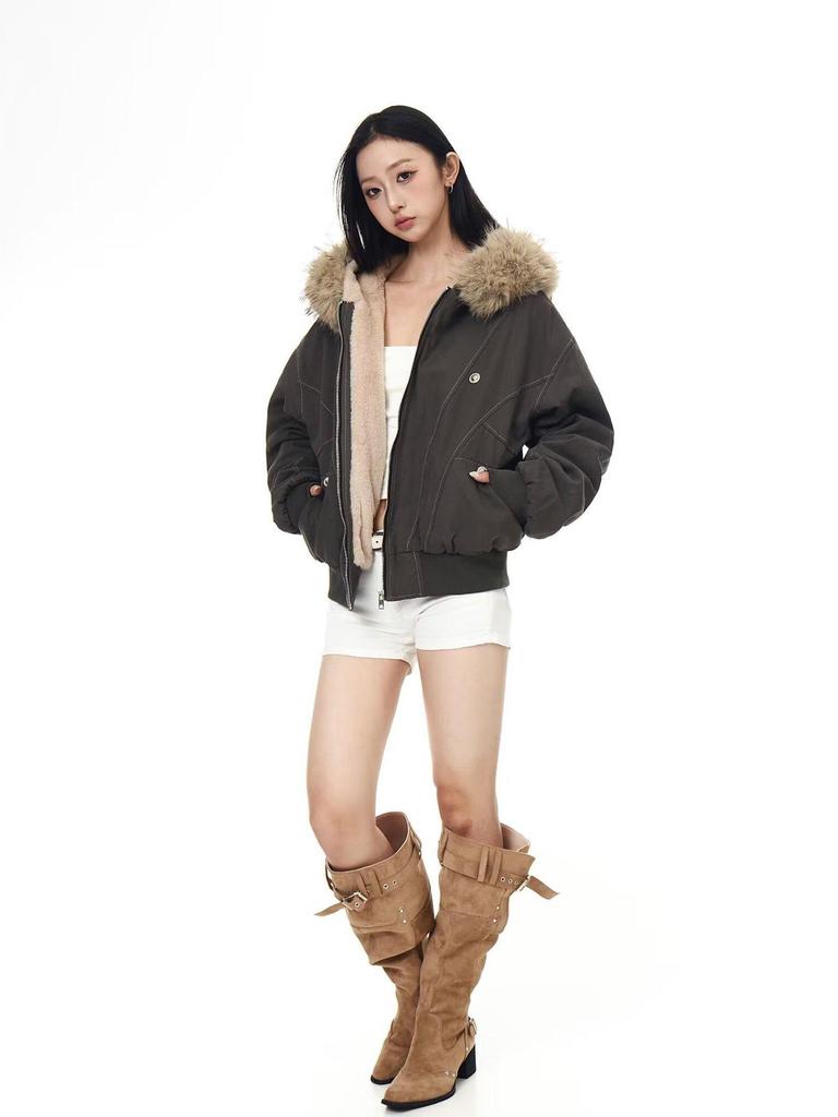 Unisex Retro Patchwork Pelzkragen Kapuzen Baumwolljacke – Winterdesign, Kurzmantel mit Fleecefutter.