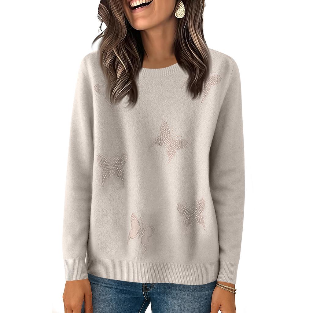 Women's Fashionable Solid Color Round Neck Long Sleeved Loose Base Shirt With Rhinestone Butterfly Knit Sweater Top