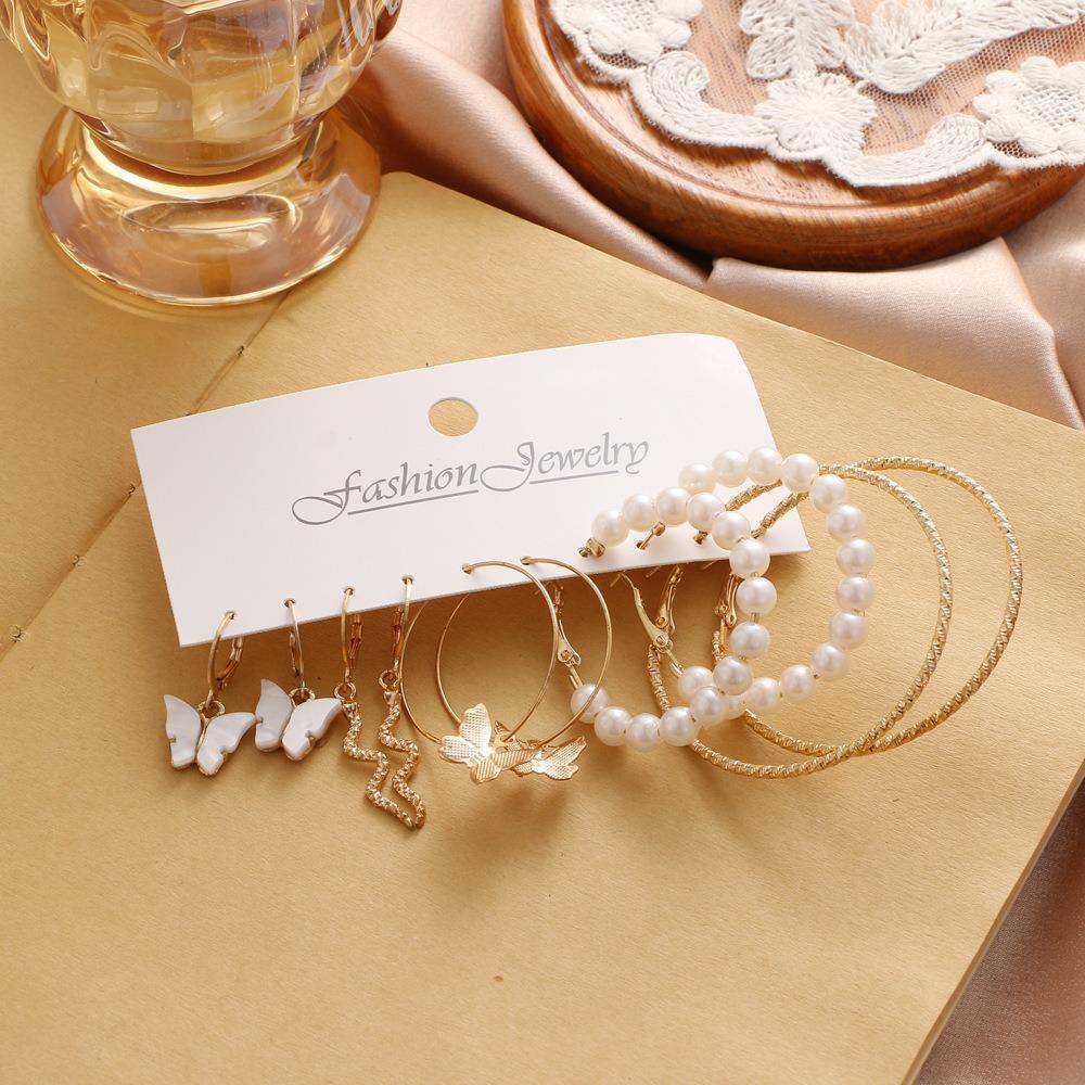 5pcs Set Creativity Snake Shape Acrylic Butterfly Pearl Dangle Earring Set for Women Fashion Hoop Earring Jewelry Accessories