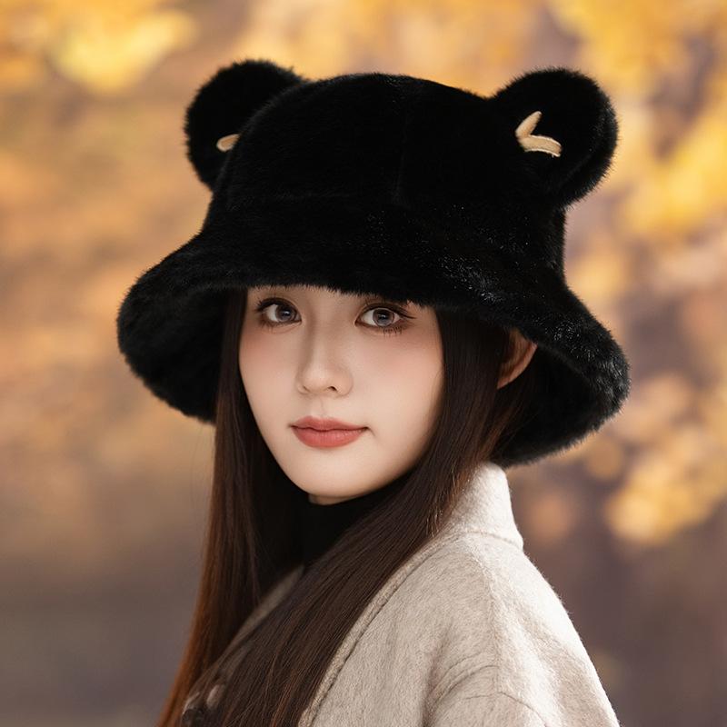 Autumn and winter hats women's thickened plush bucket hats show small faces bucket hats cute ears warm basin hats