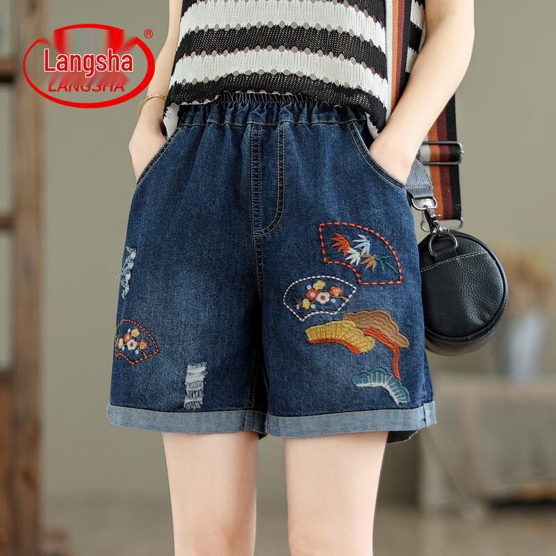 LangSha Women s Retro Embroidered Denim Shorts XL