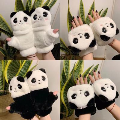 Damen Winter Plüsch Panda Cabrio Halbfingerhandschuhe