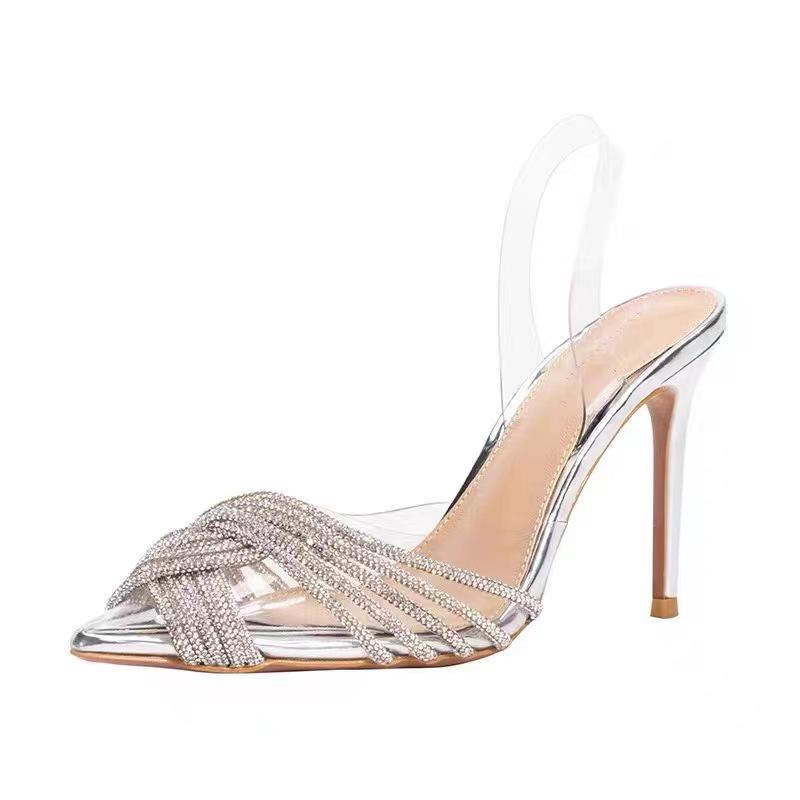 Peep-Toe Rhinestone Cross PVC High Heels - Transparent, Sweet Party/Wedding Shoes, Spring/Summer 2024