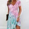 Sommer Mode Damen V-Ausschnitt Kurzarm Textur Muster Bedrucktes Kleid Sex Kurzer Rock Kleider