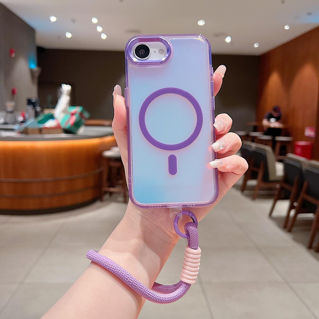 Gradient Colorful Translucent Case for IPhone 12 13 14 15 16 Pro Max 16E Wireless Charging Strong Magnetic Hanging Rope Cover