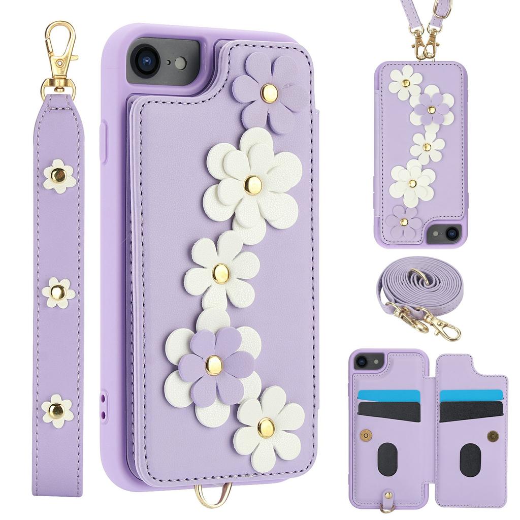 SY-001 For iPhone 16e Case Card Slots Leather Coated TPU Flower Phone Cover