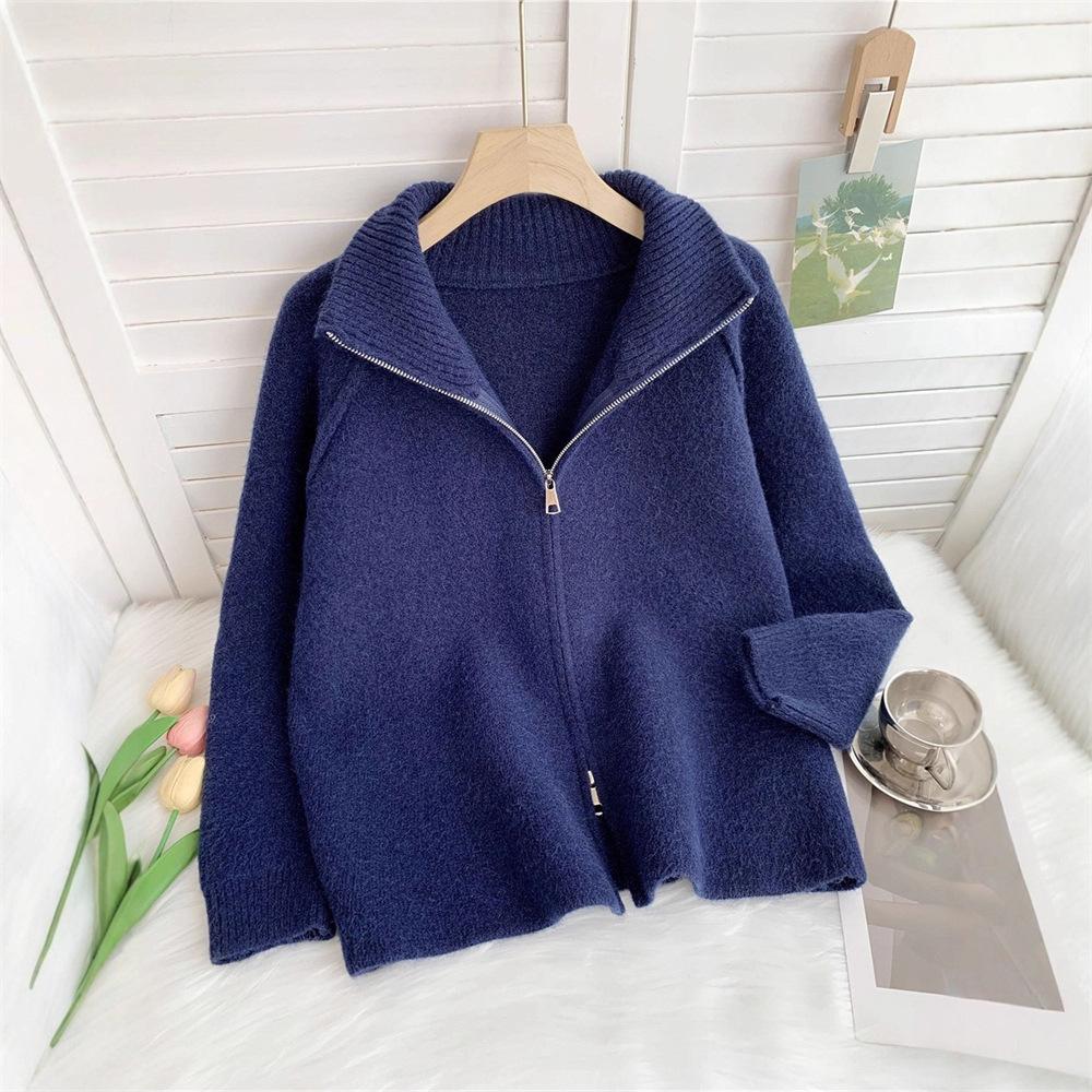Cross-border Foreign Trade Solid Color Stand-up Neck Zipper Sweater Jacket Autumn and Winter New Loose Thickened Soft Waxy Knitted Cardigan Top