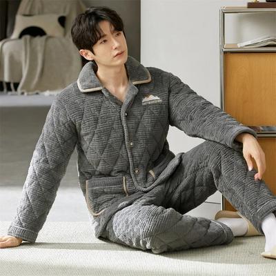 Winter Pajamas Men's Thickened Three-layer Cotton Fleece Men's Loungewear Set Cardigan Home Clothes Pyjama Men