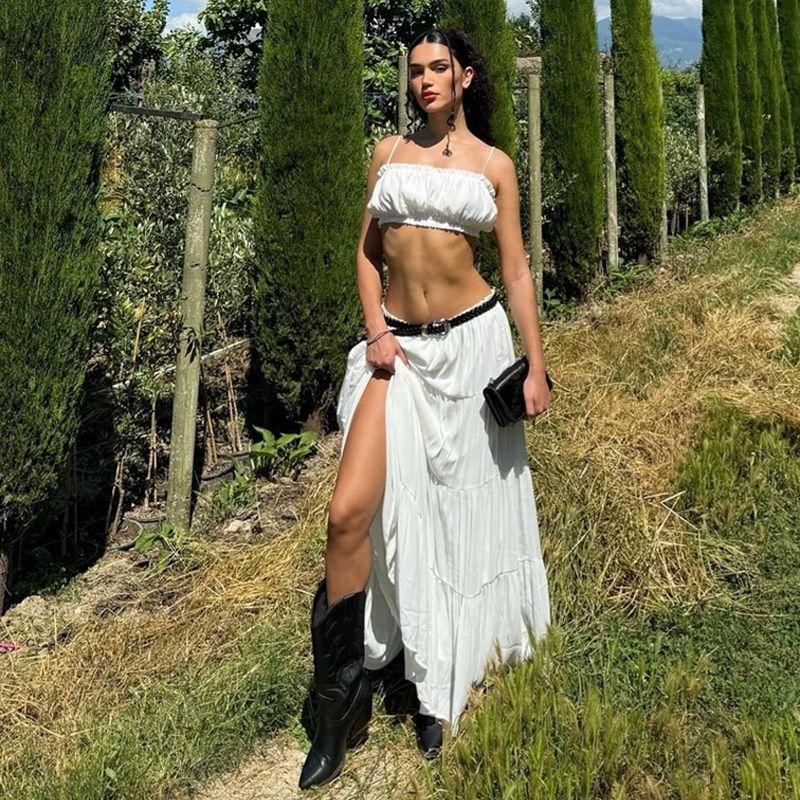 

Gusty French Laziness Pure Desire Sexy Ins Style Suit Island Vacation Style Strappy Tube Top + Skirt White S