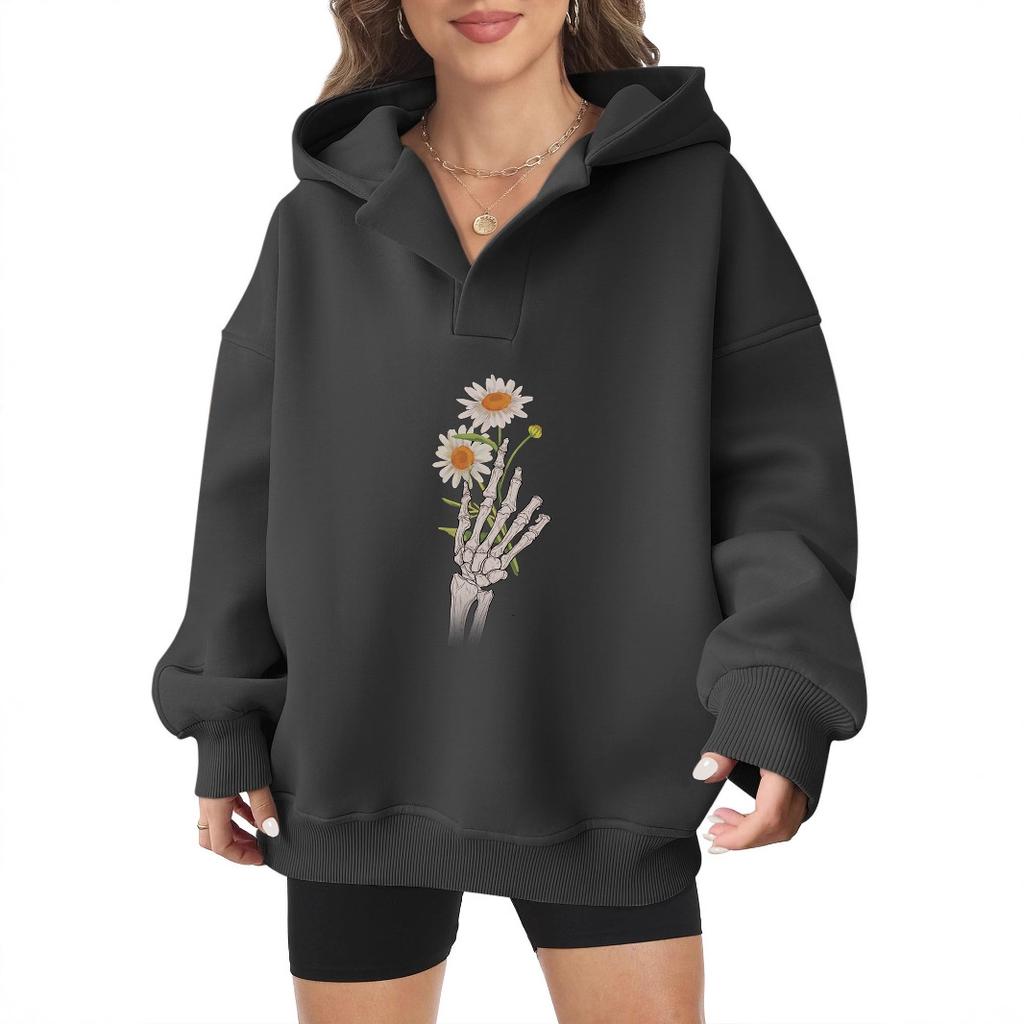 2025 new European and American Halloween women's hooded sweater front and rear pattern winter fleece loose casual