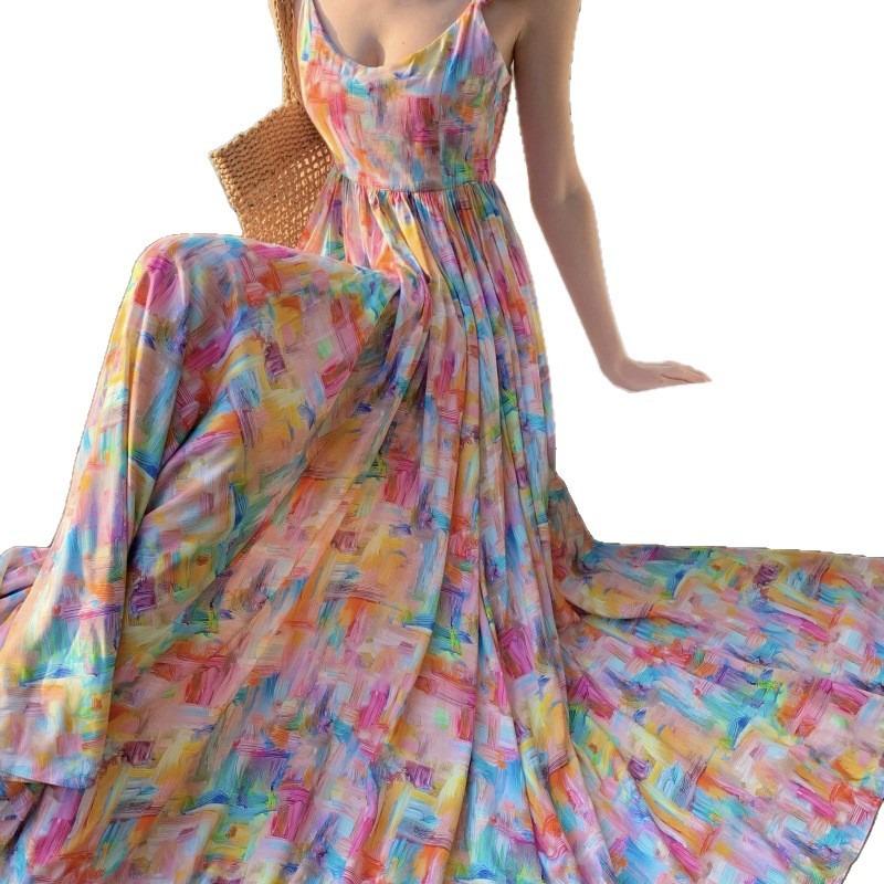 Seaside Vacation Dopamine Gentle and Beautiful Chiffon Print Suspender Dress Women's Summer Big Skirt Long Dress