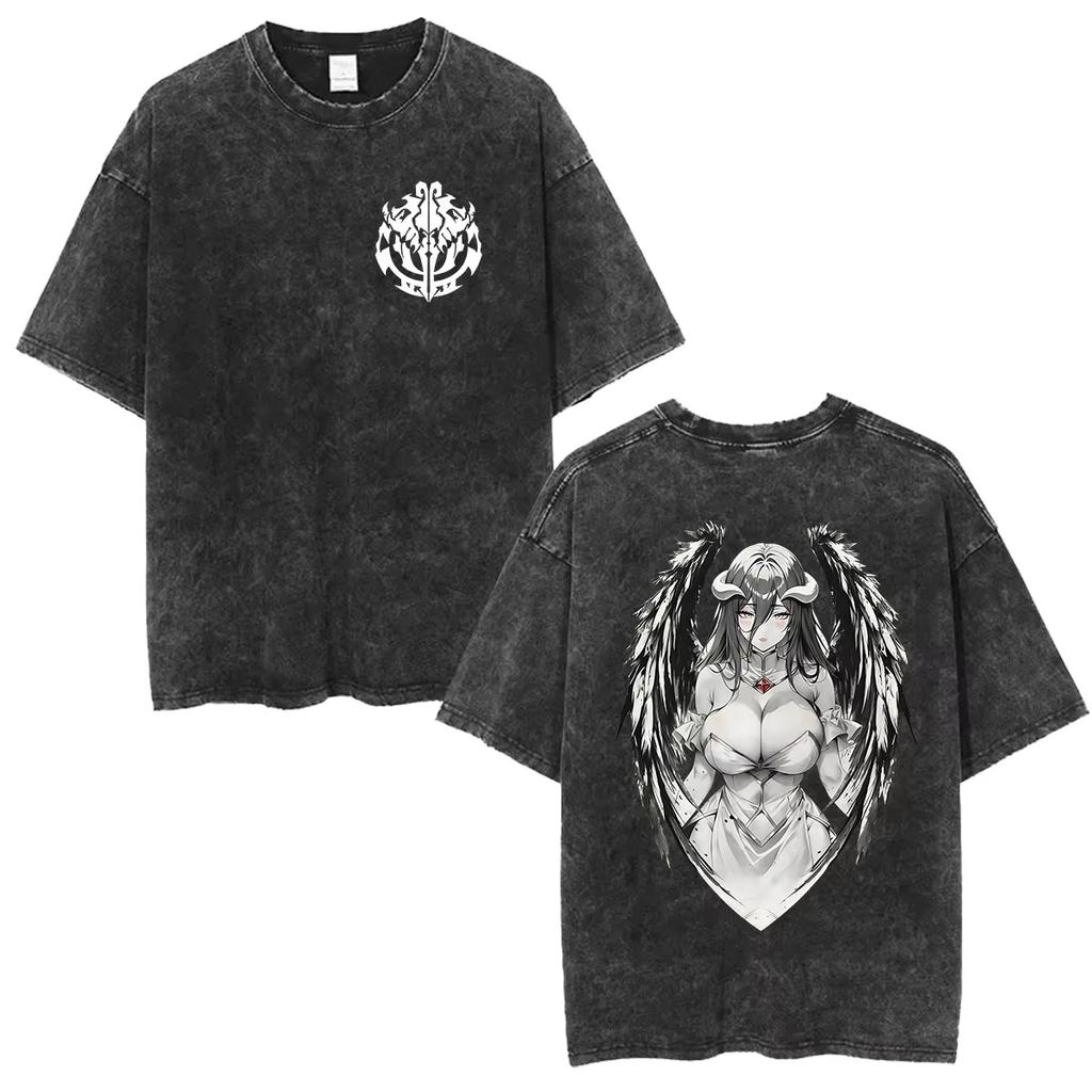 Unisex Retro Washed Summer Fashion Harajuku Y2K Streetwear Loose T‑shirt Printed with Albedo from Japanese Anime Overlord T-shirt