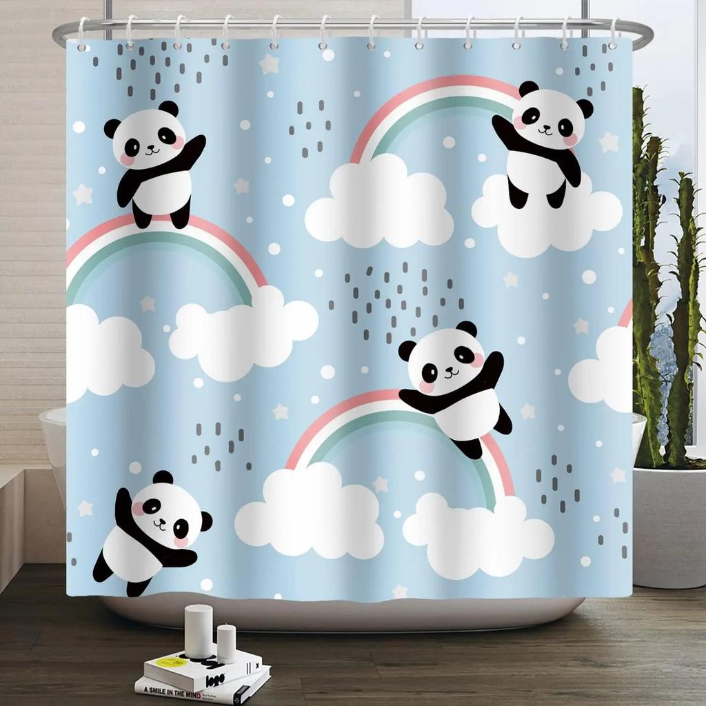 Panda Bamboo Shower Curtain, Cartoon Funny Cute Blue Sky Rainbow Kids Bamboo Forest Animals Birds, Bathroom Decorative Fabrics