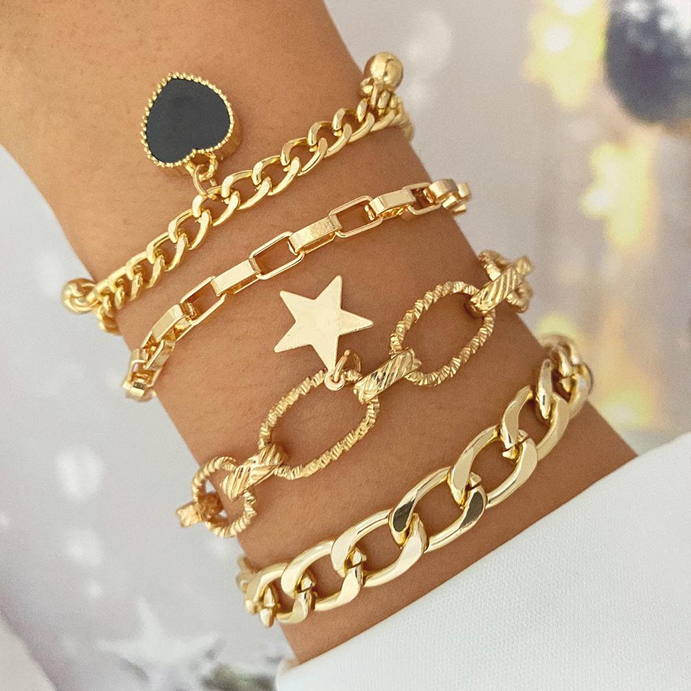 4 Uds. Pulsera bohemia de borla dorada para mujer, joyería elegante de estrella, cuentas de hojas geométricas, pulsera en capas, conjunto de pulsera con dijes
