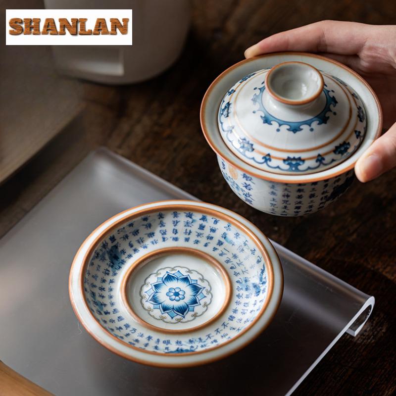160ml Heart Sutra Ru Kiln Three-talent Gaiwan Japanese Tea Tureen Tea Bowl With Lid Kit Tea Maker Cover Bowl Tea Items Ornaments