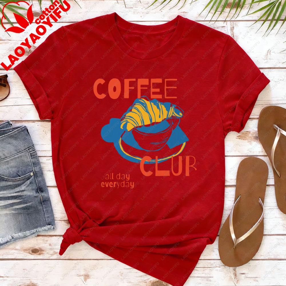 Coffee Club All Day Everyday Women TShirt Fashion Top for Coffee Lovers Gift Idea Casual Summer Short Sleeve Cotton T Shirt