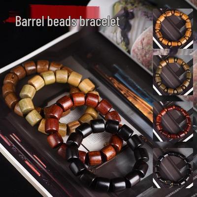 Wenwan Buddhist Prayer Bracelet with Barrel Beads - Sandalwood, Green Sandalwood, Ebony Beads, Straight Cut Through Spacer Style.