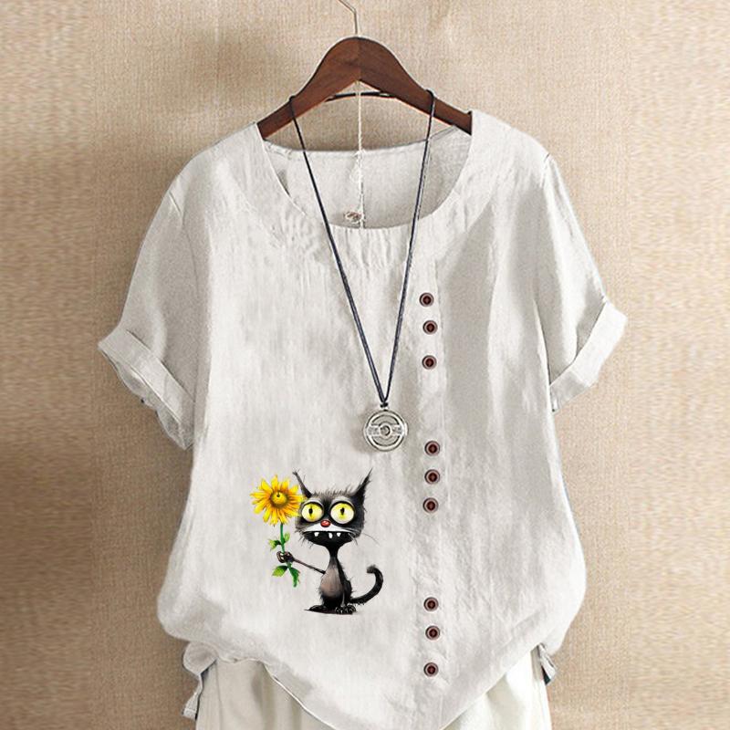Women's Fashion Sunflower Black Cat Prined Short Sleeve T-shirt Loose Cotton Shirt Casual Loose Summer Blouse Tops Plus Size
