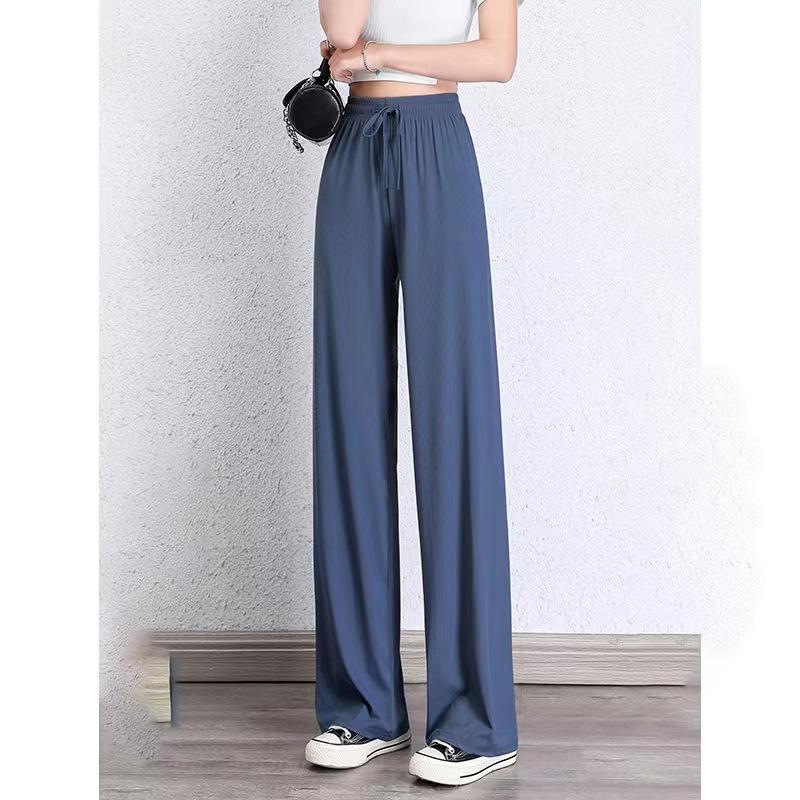 Women's Summer Ice Silk High-Waisted Wide-Leg Pants - Lightweight, Thin, Drapey, Floor-Length Casual Trousers