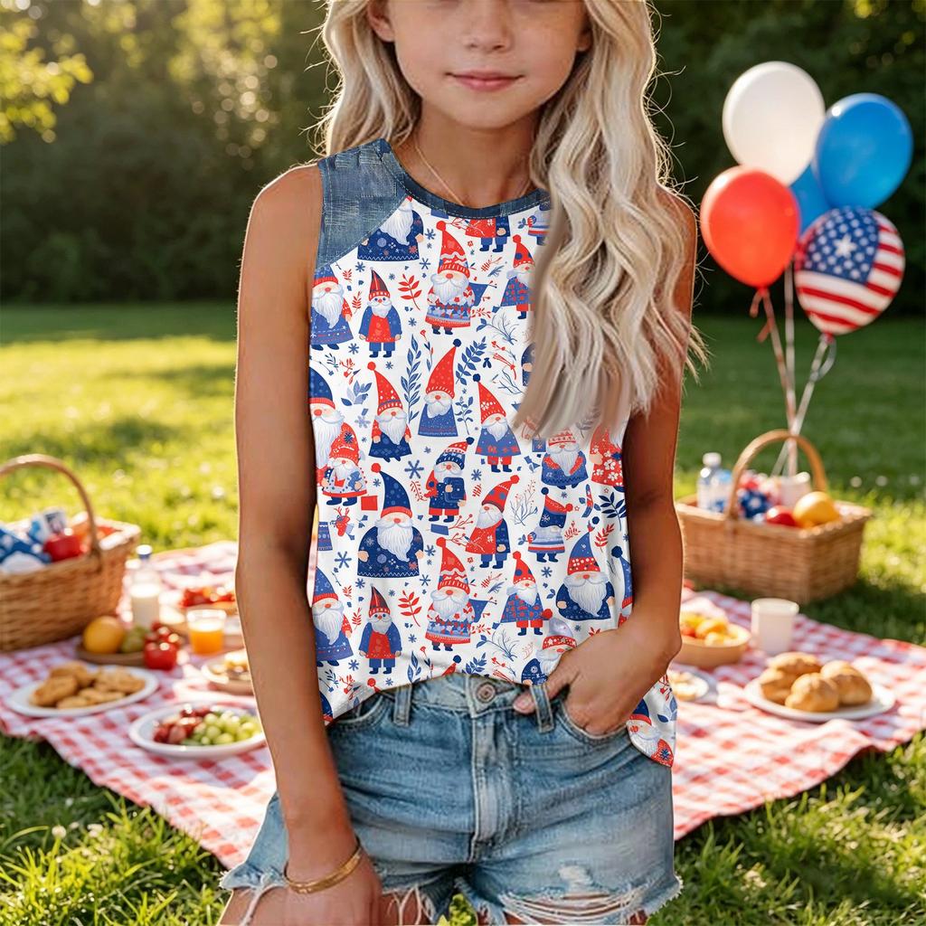 Sleeveless Loose Fit Tank Top for Women Round Neck Denim Print Star Pattern Casual Summer Shirt