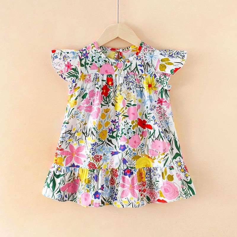 Oujitu Girls' Lace Sleeve Cotton A-line Skirt Dress with Cartoon Print - Spring Children's Clothing