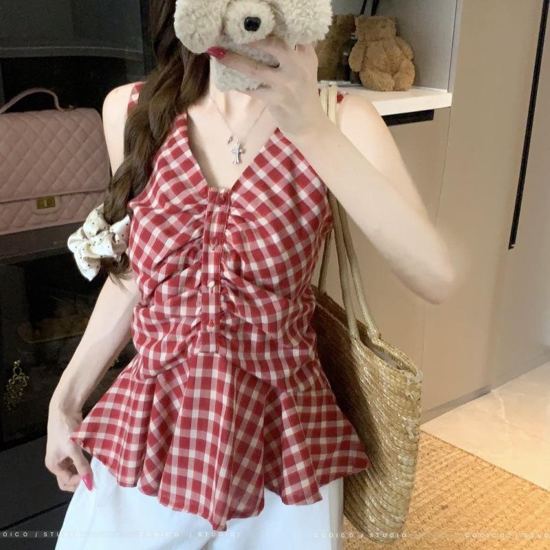 Korean Neck V-neck Sleeveless Sling Vest Women's Summer New Design Waist Temperament Plaid Shirt Top