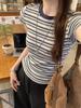 Women's Slim Fit Cropped Striped Cotton T-shirt - Retro Style, Short Sleeve