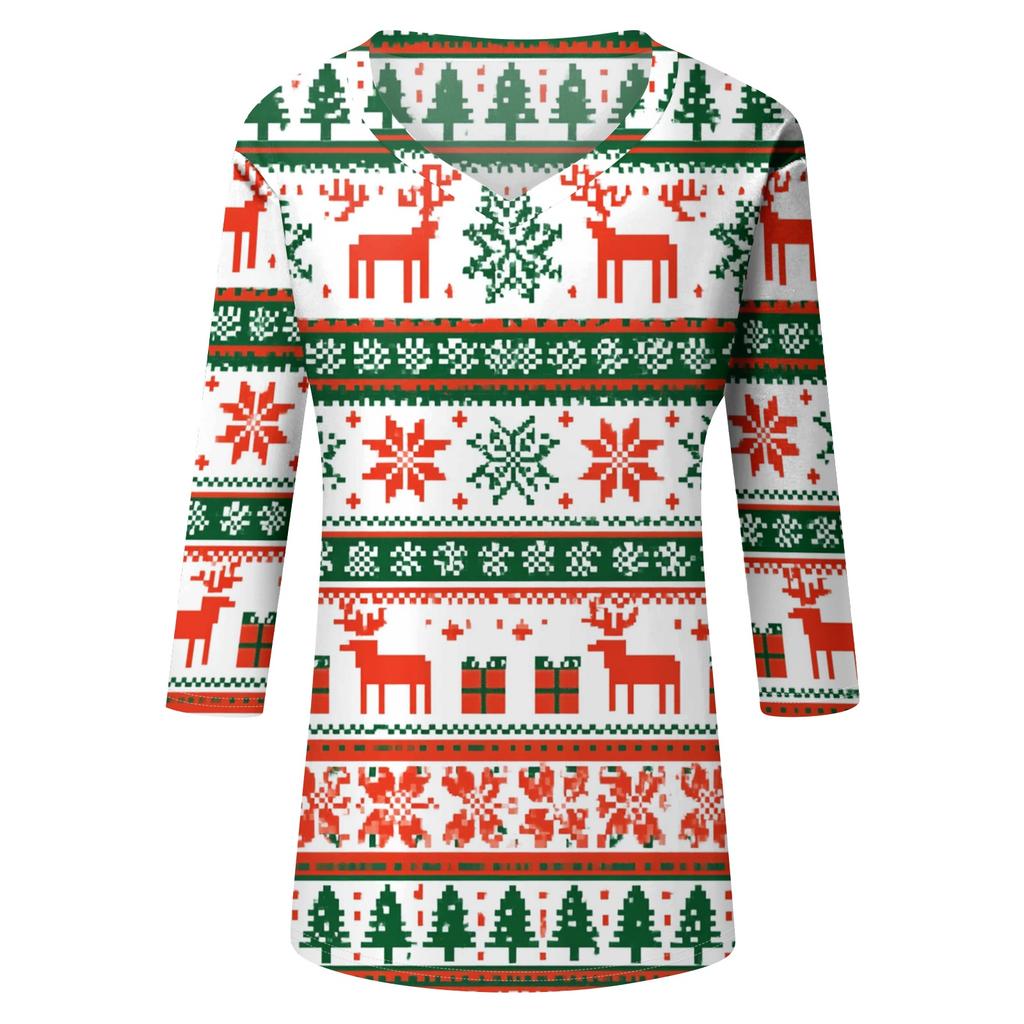 Women's Christmas Print V-Neck Three-Quarter Sleeve Casual Loose Fit Shirt