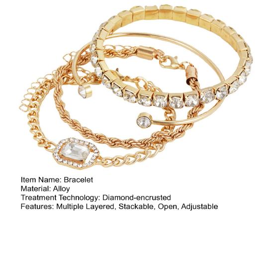 4 bucăți brățări cu strasuri pentru femei Brățară stivuită în mai multe straturi Brățară cu manșetă deschisă Legătură reglabilă Bijuterii punk cubaneze pentru femei, fete, cadou