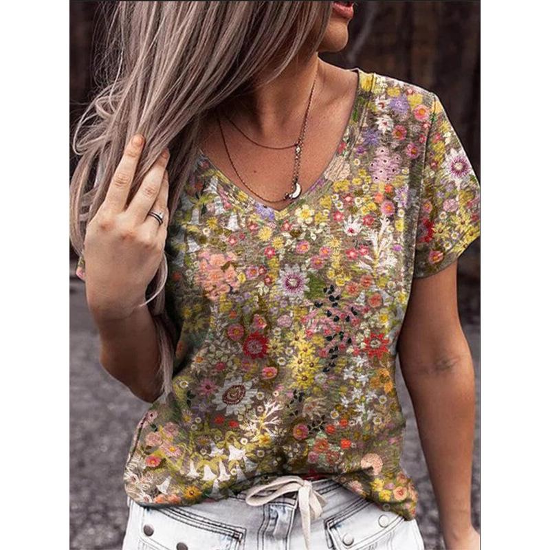 DAFIFY Camisetas y tops con cuello en V de manga corta con estampado de flores informales de verano a la moda para mujer