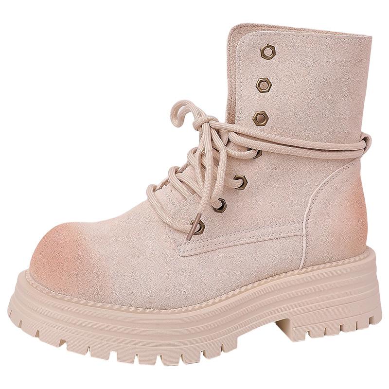 Retro dicksohlige, polierte, schlichte Martin-Stiefel für Damen, Herbst- und Wintermode, vielseitige kurze Stiefel aus Wildleder
