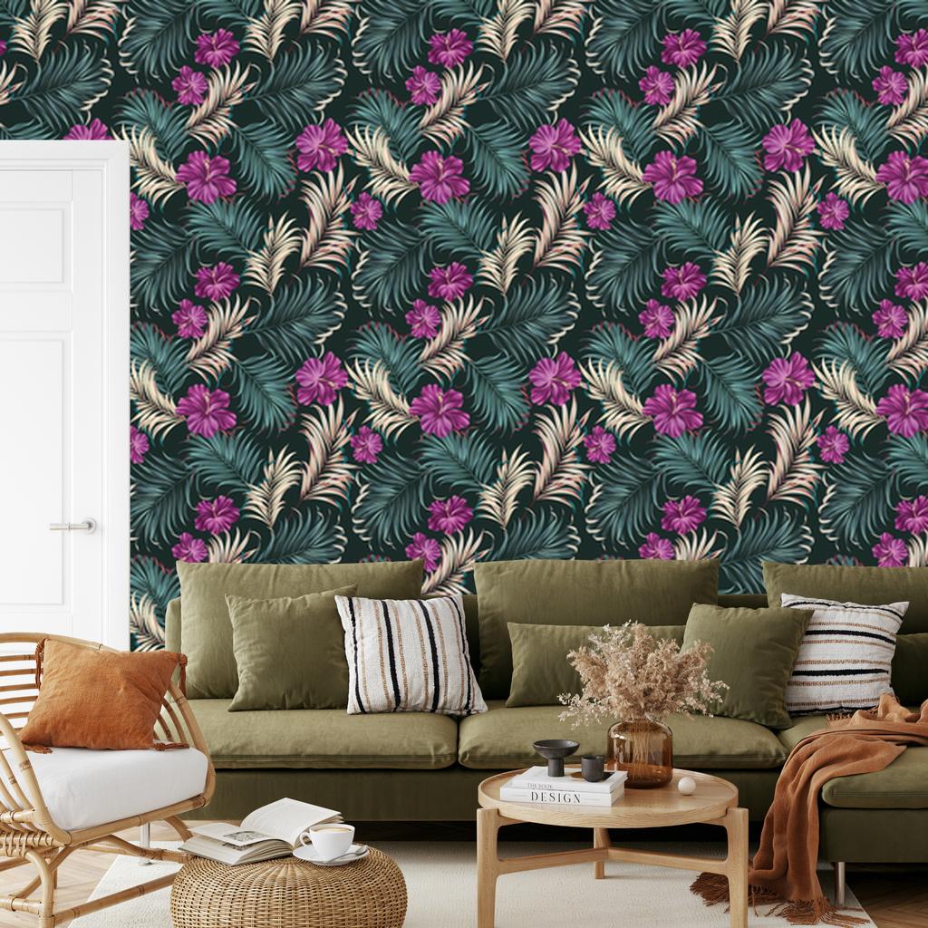 Hibiscus wallpaper with leaves for living room and bedroom 50x1000