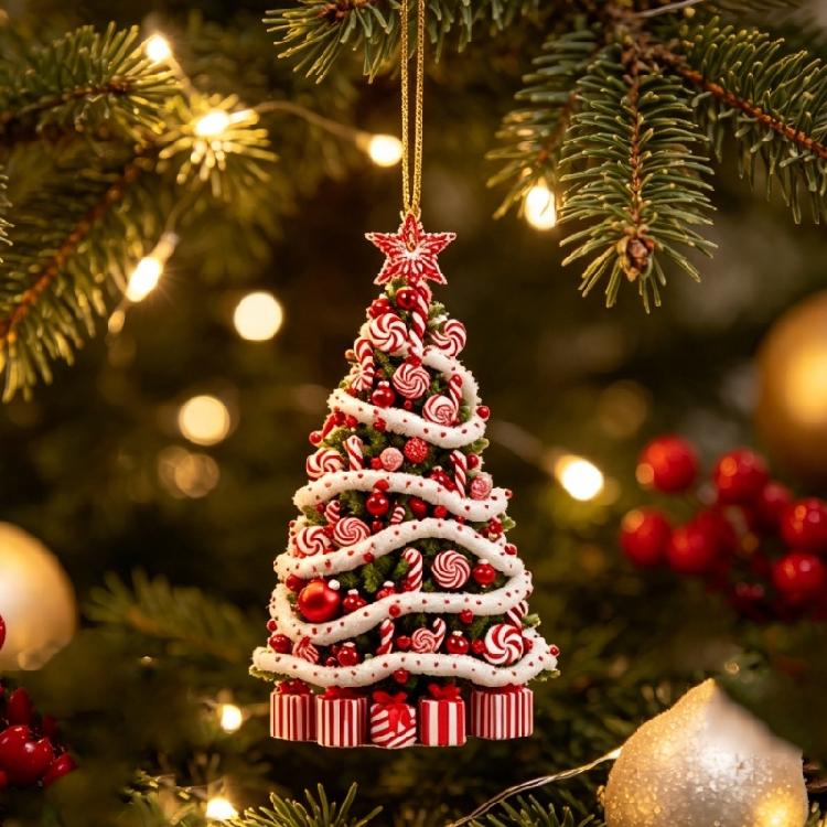 Holiday Room Accent Ornament in Acrylic, Christmas Tree Theme, 3.14 In with Loop for Home, Wreath, and Shelf Use