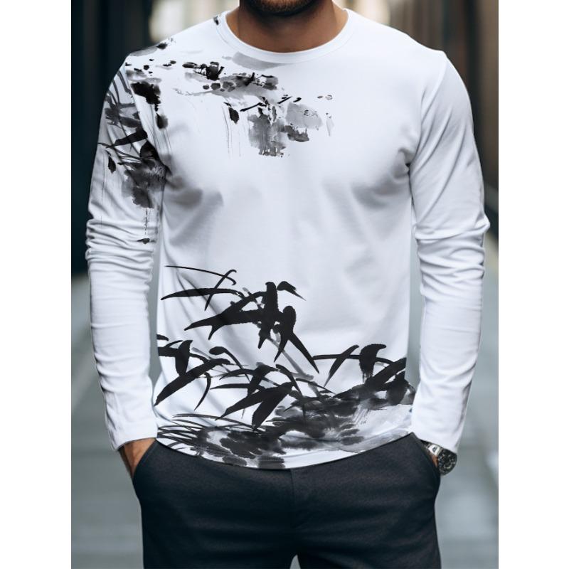 Bamboo Rayon Print Long-Sleeve T-Shirt - /East Asian Style Round Neck Shirt with Ink-Wash Bamboo Rayon S