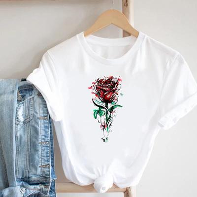 (Asian Size) Tee Top Sweet Flower Trend Cute Women Print Lady Clothing Casual Short Sleeve Fashion Tshirt  Female Graphic T-shirt