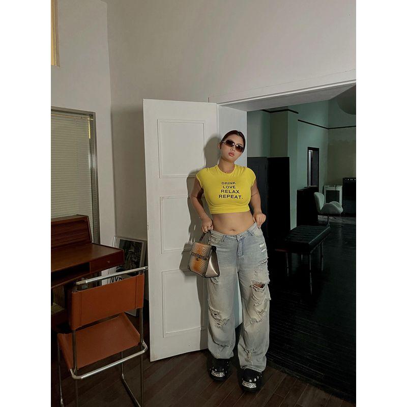 Brother Nan Loose-Fit Beggar Ripped Denim Female Plus Size Plus Size Ladies Summer New Arrival High Waist Loose Straight-leg Slimming Trousers