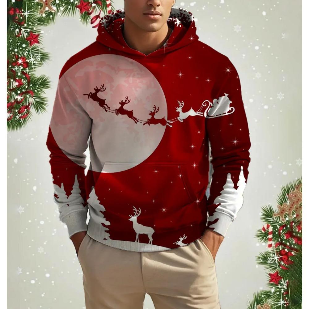 Christmas Elk Print Men's Hoodies & Sweatshirts Autumn Winter Casual New Year Clothing Fashion Loose Hooded Pullover X'mas Tops