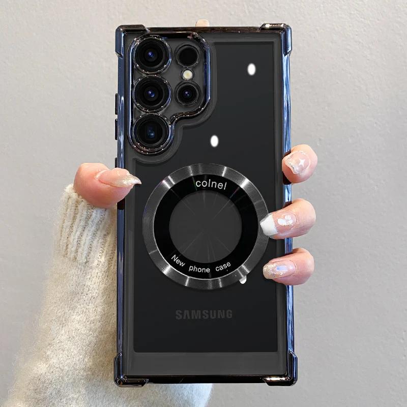 Luxury Plating Magnetic Wireless Charge Case For Samsung S26 S25 S24 Ultra S23 FE S22 Plus Note 20 Clear Lens Protection Cover