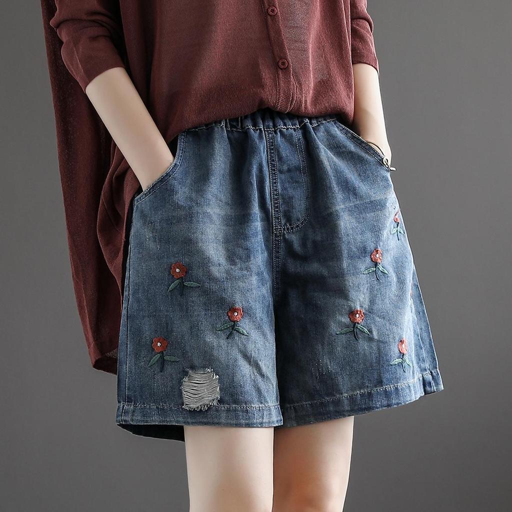 Women's High Waist Denim Shorts Loose Fit Wide Leg Shorts With Embroidery And Ripped Detail For Summer