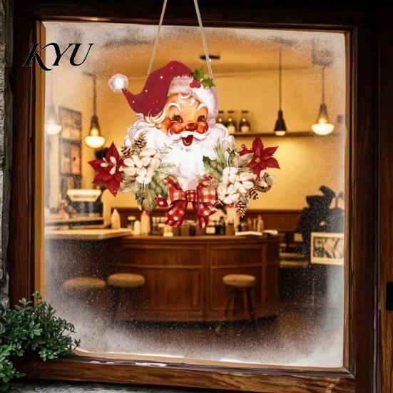 Festive Cafe Wall Decoration Wooden Santa Claus Hanging Pendant for Christmas, Rustic Floral Sign, Christmas Party Sign Tree Ornament with Hemp