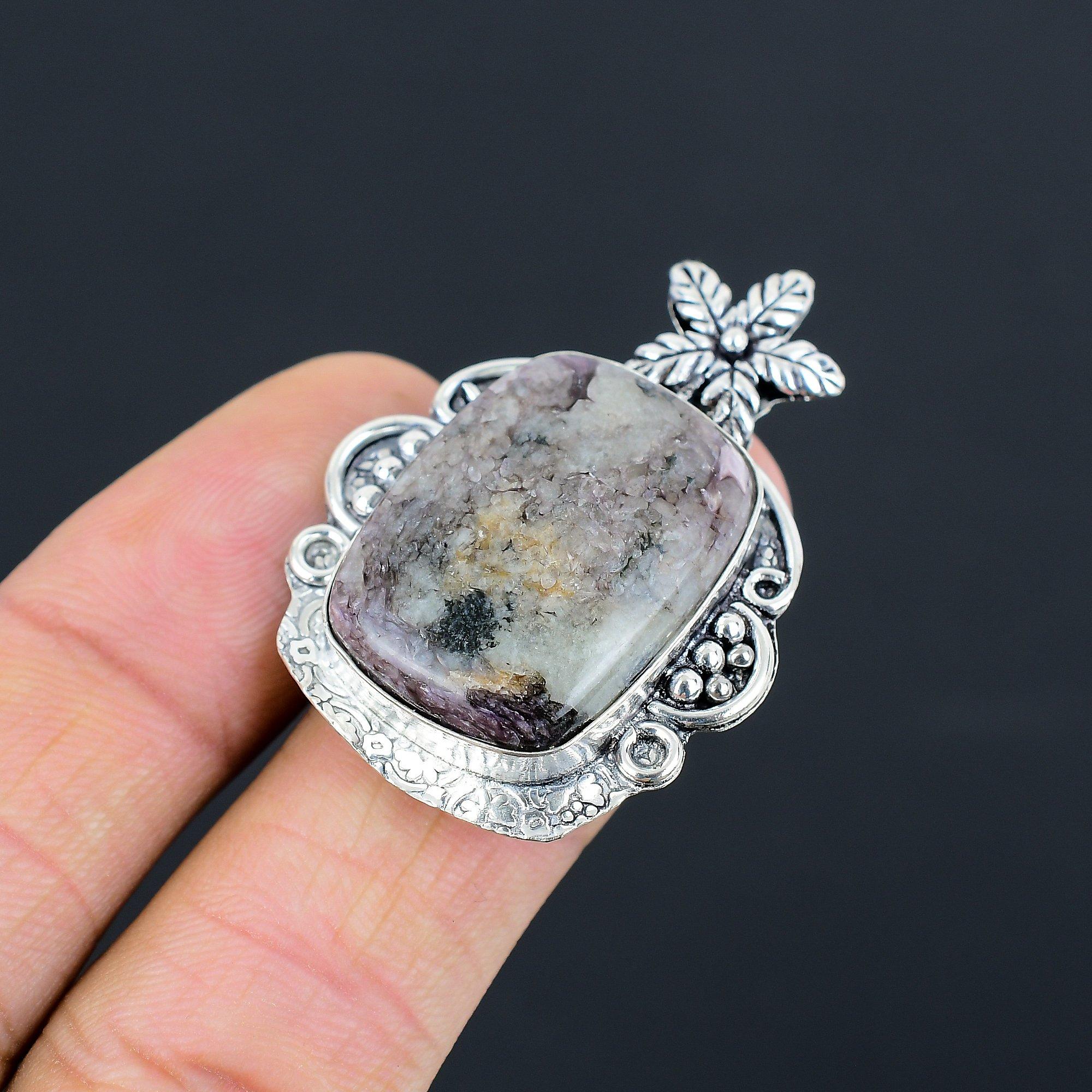 Womens day Sale Natural Charoite 925 Silver Flower Statement Wife Ring Size 7.5 7.5