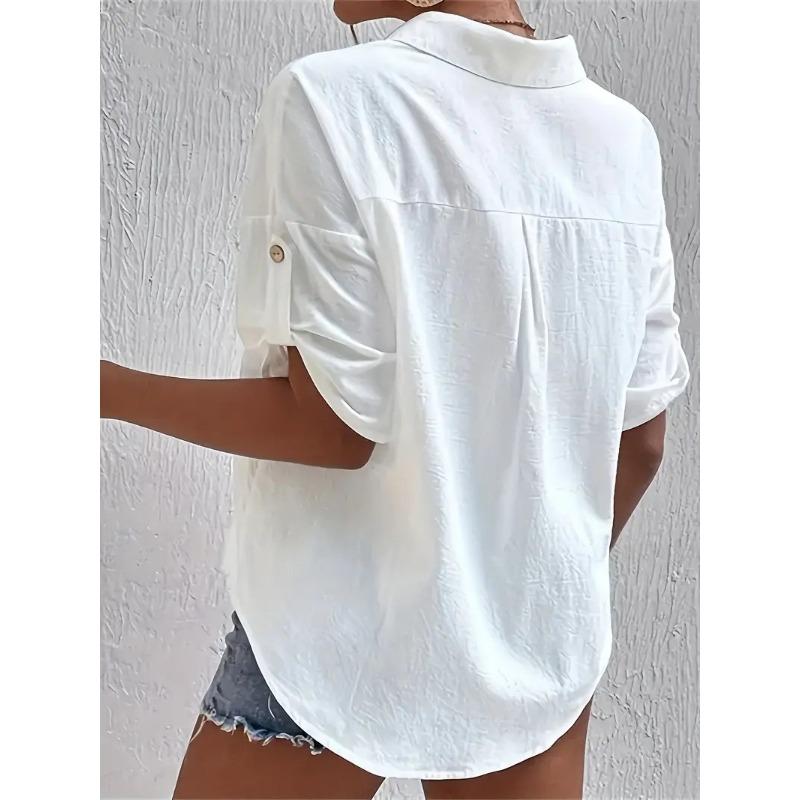 Women's Summer Cotton and Linen Shirt, Lapel Pockets, Loose Short-sleeved Solid Color Shirt Top
