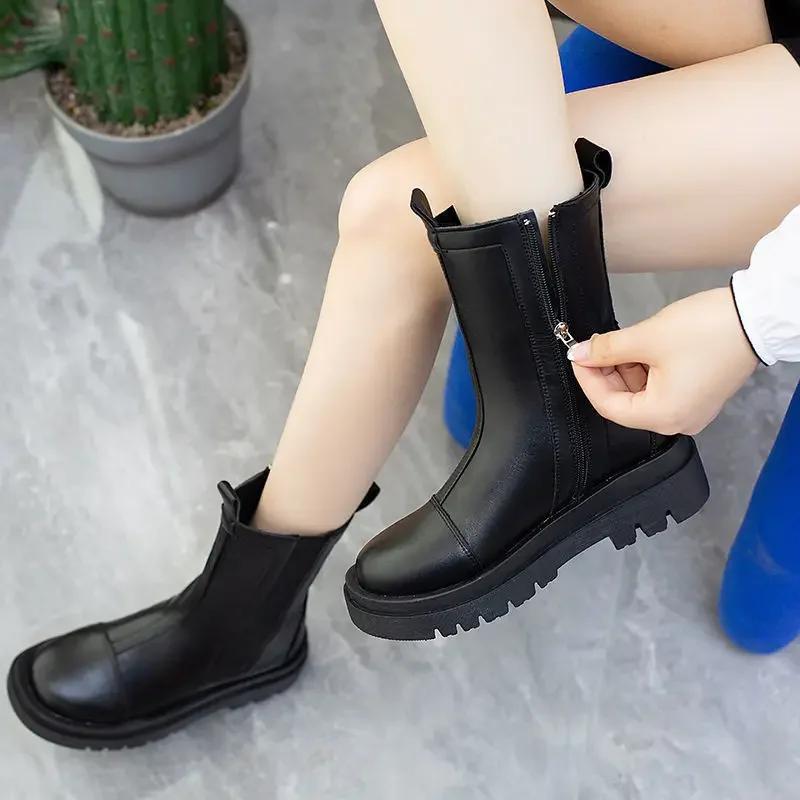 Fashion Winter 2024 Mid Calf Shoes Woman Trend Platform Goth Comfortable and Elegant Half High Boots for Women Demi-season Work Footwear