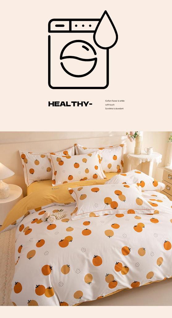 Fresh Orange 100% Cotton Four-Piece Bedding Set - Duvet Cover & Bed Sheet for Student Dorms and Homes