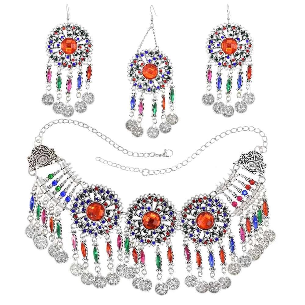 3pcs Indian Afghan Zircon Sets Necklace Earrings Hairbands for Women Boho Ethnic Coins Tassels Colorful Crystal Drop Accessory