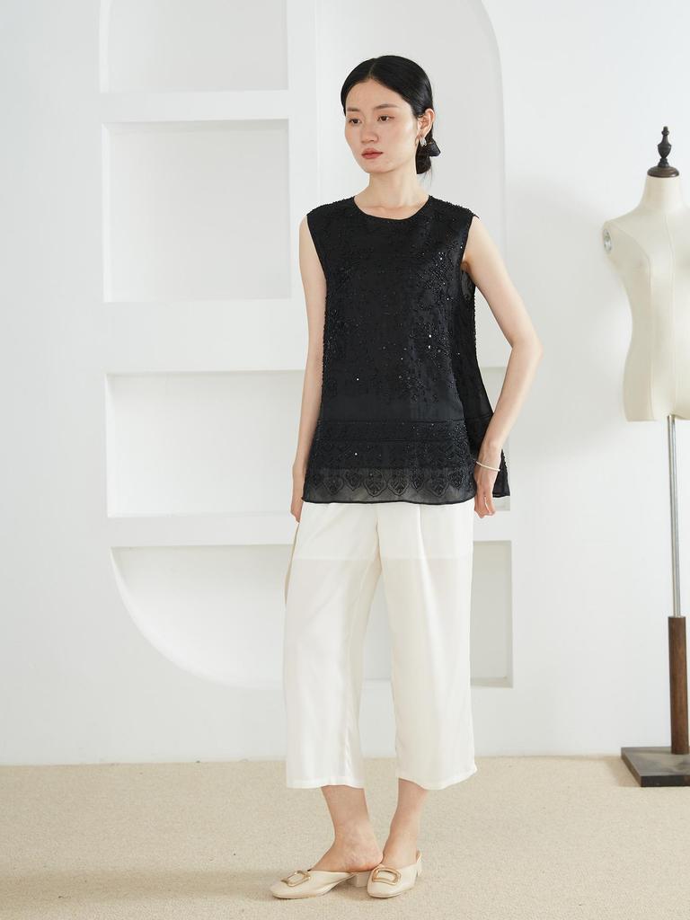 Women's Chinese Style Silk Vest - 100% Mulberry Silk, Sleeveless, Round Neck, Slightly Sheer